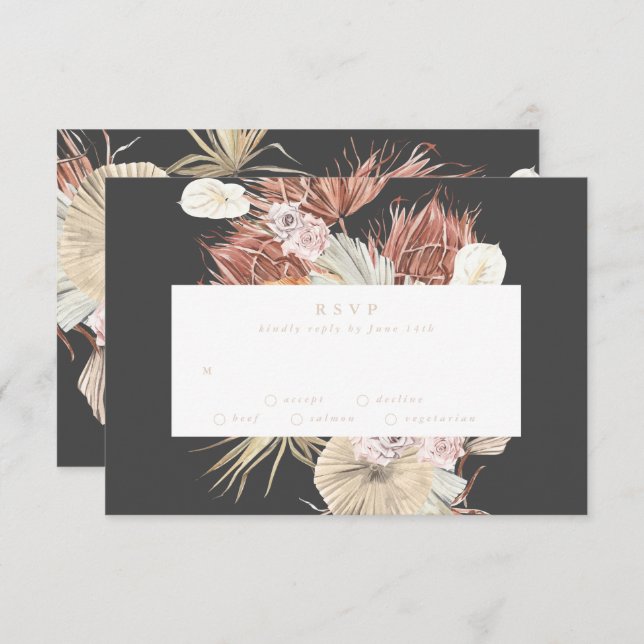 Cream Pampas Grass Floral Charcoal Jungle Wedding RSVP Card (Front/Back)