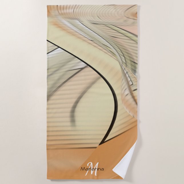 Cream Pastel Autumn Abstract Art, Monogrammed Beach Towel (Front)