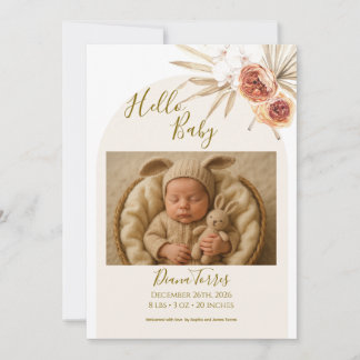 Cream Pastel Dried Flowers Hello Baby Announcement