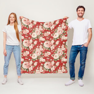 Cream pastel roses red fleece blanket