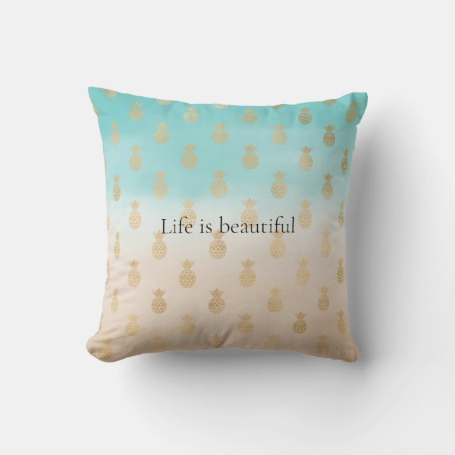 Cream Peach Aqua Ombre Gold Pineapples     Cushion (Front)