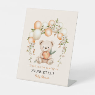 Cream Peach Balloon Teddy Bear Baby Shower Decor Pedestal Sign