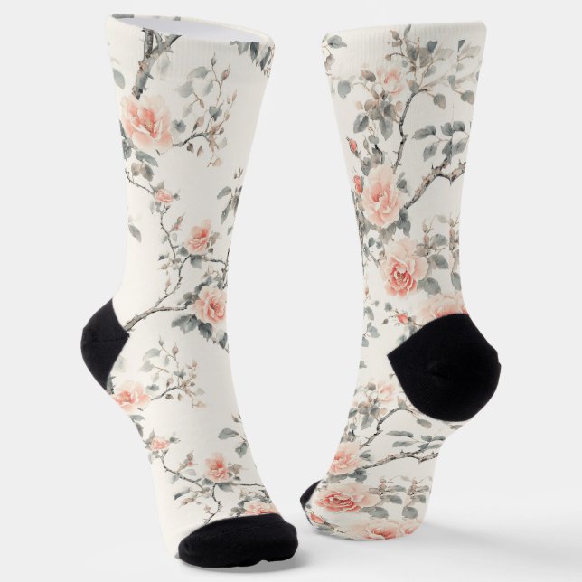 Cream Peach Floral Roses Socks (Angled)