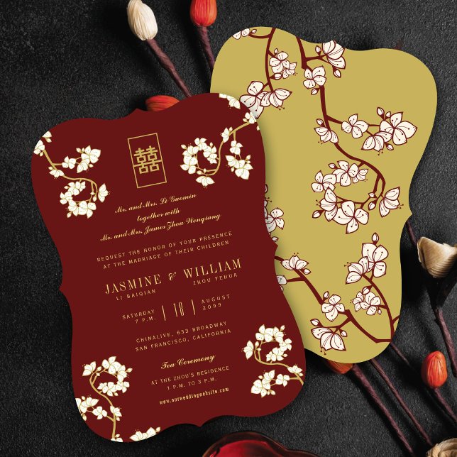 Cream Peach/Plum Blossoms Double Happiness Wedding Invitation (Cream/Burgundy/Gold Peach/Plum Blossoms Double Happiness Elegant Chinese Wedding Invitation)