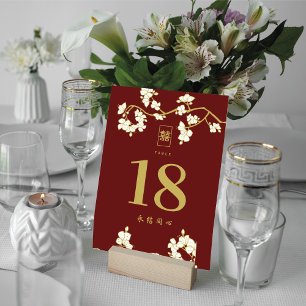 Cream Peach Plum Blossoms Double Happiness Wedding Table Number