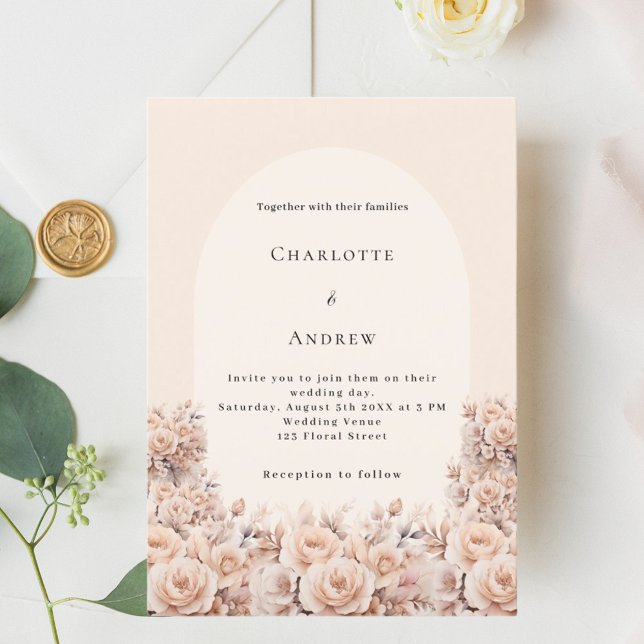 Cream peach rose gold florals arch photo wedding invitation (Creator Uploaded)
