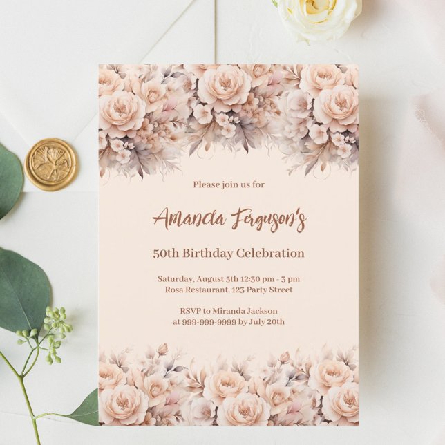 Cream peach rose gold florals luxury birthday invitation (Creator Uploaded)