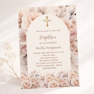 Cream peach roses florals arch Baptism Invitation