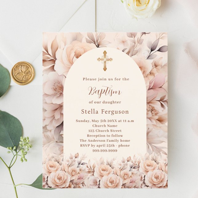 Cream peach roses florals arch Baptism invitation (Creator Uploaded)