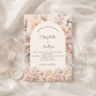 Cream peach roses florals arch elegant wedding invitation
