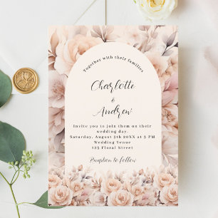 Cream peach roses florals arch elegant wedding invitation