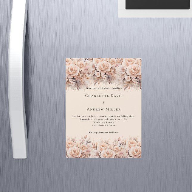 Cream peach roses florals elegant luxury wedding magnetic invitation (Creator Uploaded)