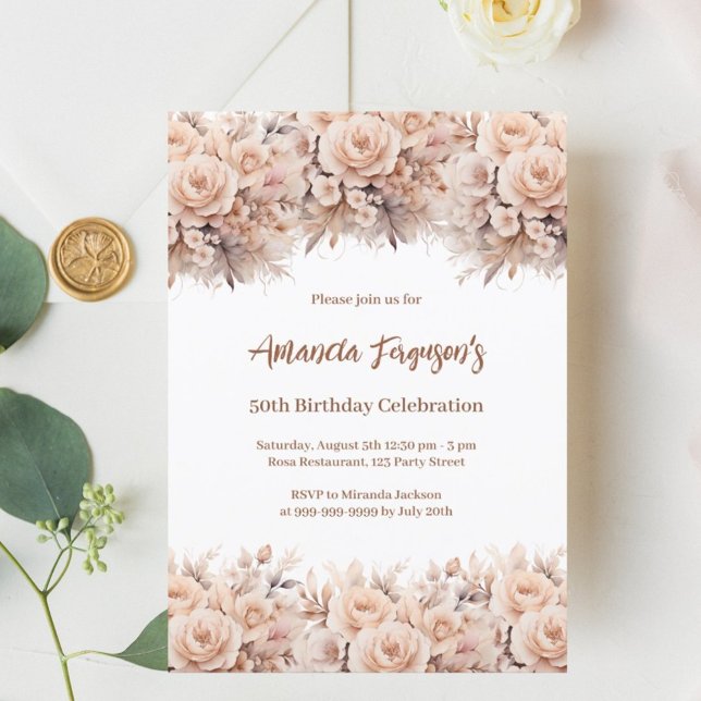 Cream peach roses florals luxury birthday invitation (Creator Uploaded)