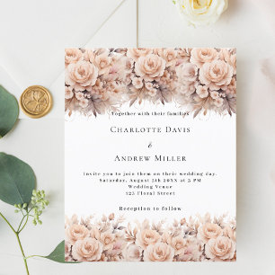Cream peach roses florals white wedding invitation