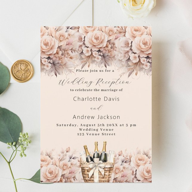Cream peach wine basket luxury wedding reception invitation (Creator Uploaded)