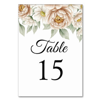 Cream Peony Floral Wedding Table Number Card
