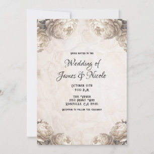 Cream Peony Flowers Vintage Rustic Wedding  Invitation
