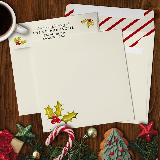 Cream Peppermint Stripe Holly Elegant Christmas Envelope (Classic stripe and hand painted holly and berries customizable Christmas envelopes)
