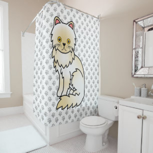 Cream Persian Cute Cartoon Cat & Paws Shower Curtain