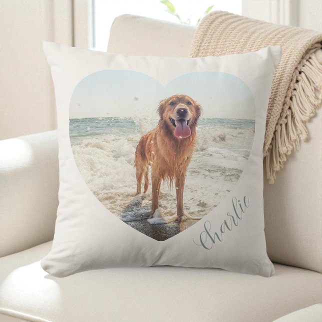 Cream Pet Heart Photo Script Personalised Dog Cushion (Cream Pet Heart Photo Script Personalized Dog Throw Pillow)