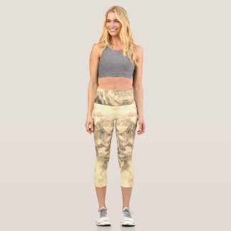 Cream Petals On Sepia Tones Capri Leggings