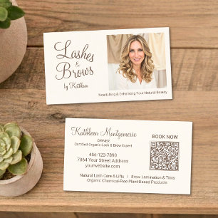 Cream Photo Script QR Code Lashes and Brows Business Card