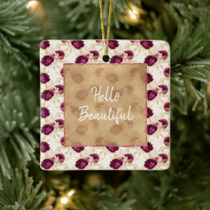 Cream Pink Burgundy Floral Ceramic Ornament