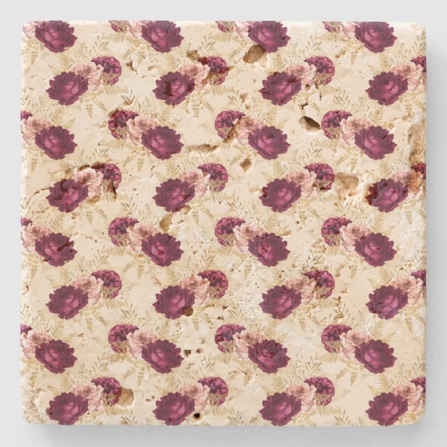 Cream Pink Burgundy Floral      Stone Coaster (Front)