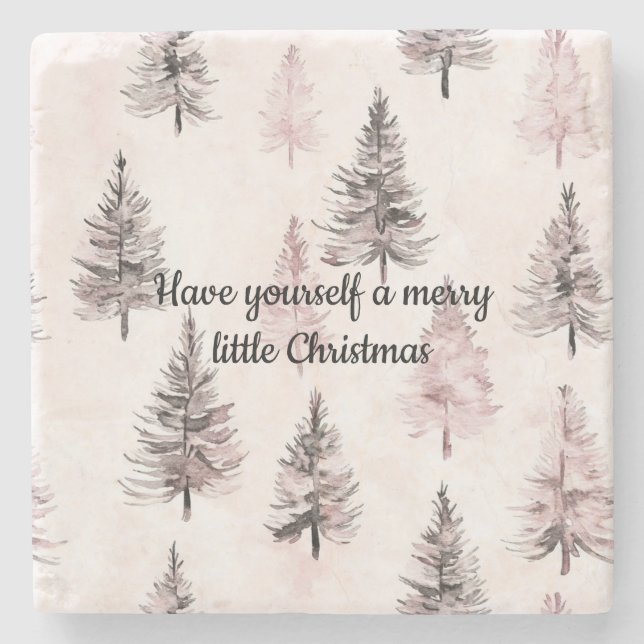 Cream Pink Christmas Trees Stone Coaster (Front)