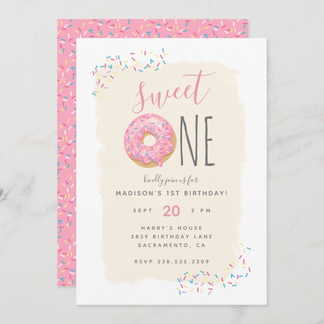 Cream | Pink Doughnut Sprinkle Sweet 1st Birthday Invitation (Front/Back)