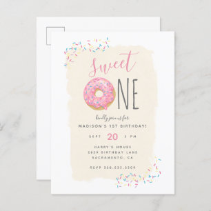 Cream Pink Doughnut Sprinkle Sweet 1st Birthday Invitation Postcard