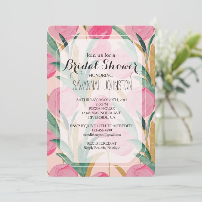 Cream Pink Floral Bridal Shower Invitation (Standing Front)