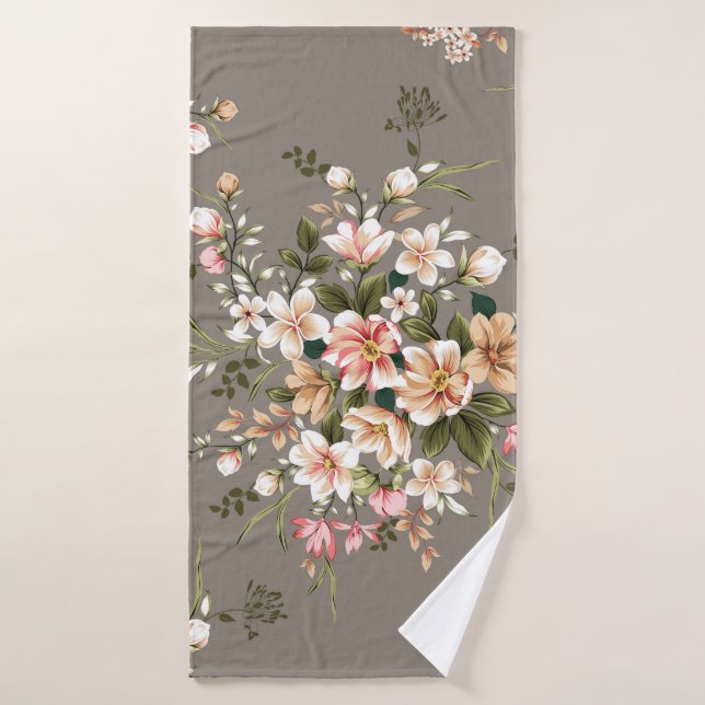 Cream, pink flowers on grey. bath towel (Bath Towel)