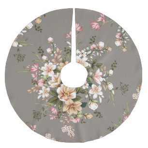 Cream, pink flowers on grey. brushed polyester tree skirt
