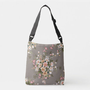 Cream, pink flowers on grey. crossbody bag
