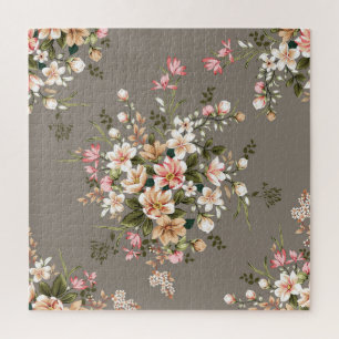 Cream, pink flowers on grey. jigsaw puzzle