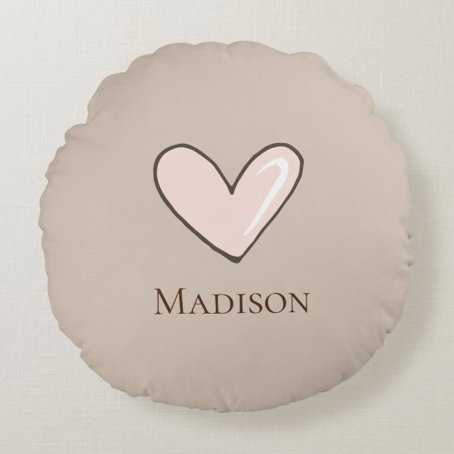Cream Pink Heart Name Round Cushion (Front)