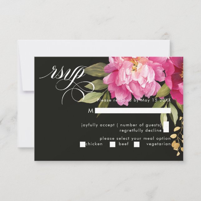Cream & Pink Peony Watercolor Flowers Black RSVP Card (Front)