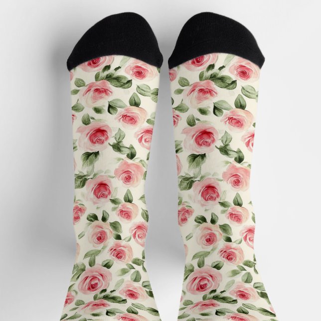 Cream Pink Roses Floral   Socks (Top)