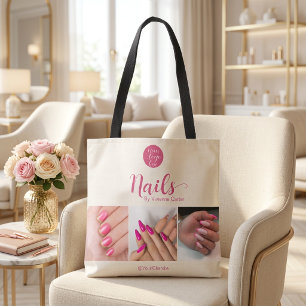 Cream Pink Script Logo Photo Nail Salon Tote Bag