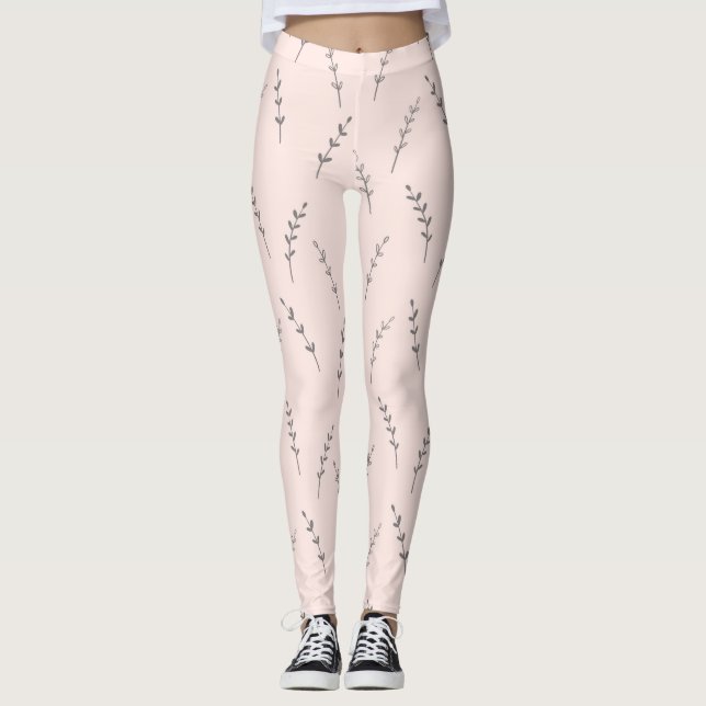 Cream Pink Women's Leaf Print Leggings (Front)