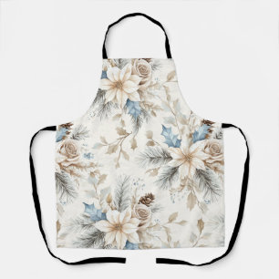 Cream Poinsettia Blue Floral Christmas Apron