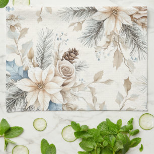 Cream Poinsettia Blue Floral Christmas Tea Towel