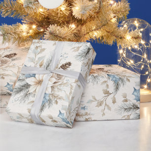 Cream Poinsettia Blue Floral Christmas Wrapping Paper