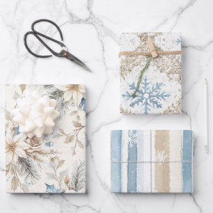 Cream Poinsettia Blue Floral Christmas Wrapping Paper Sheet