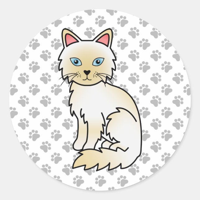Cream Point Birman / Ragdoll Cute Cat & Paws Classic Round Sticker (Front)