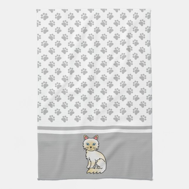Cream Point Birman / Ragdoll Cute Cat & Paws Tea Towel (Vertical)