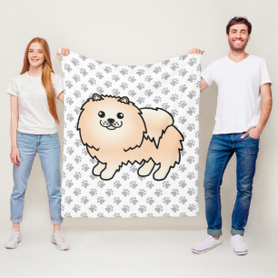 Cream Pomeranian Cute Cartoon Dog & Paws Fleece Blanket