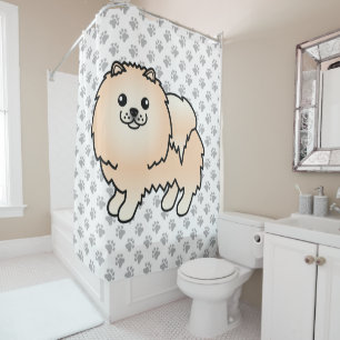 Cream Pomeranian Cute Cartoon Dog & Paws Shower Curtain