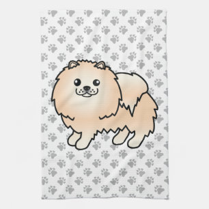 Cream Pomeranian Cute Cartoon Dog & Paws Tea Towel